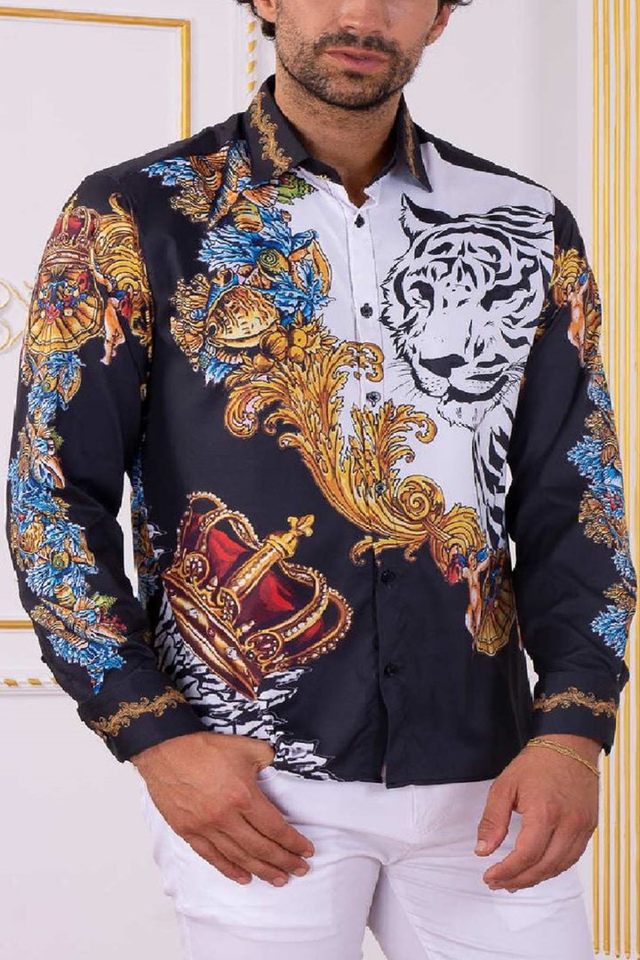 Chic Black Tiger King Baroque Print Shirt