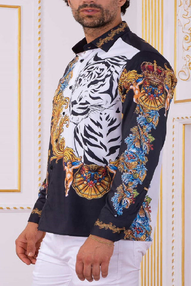 Chic Black Tiger King Baroque Print Shirt