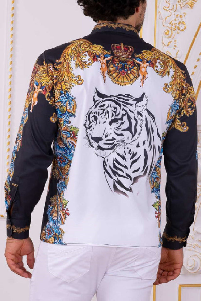 Chic Black Tiger King Baroque Print Shirt