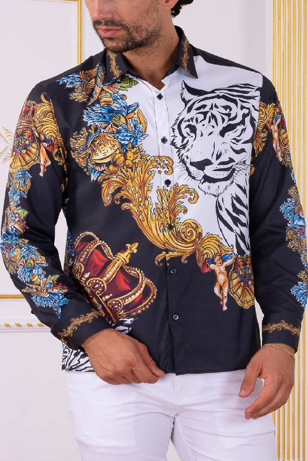 Chic Black Tiger King Baroque Print Shirt