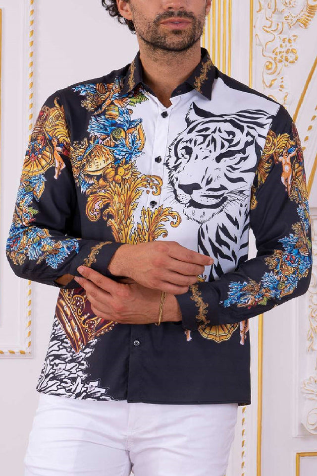 Chic Black Tiger King Baroque Print Shirt