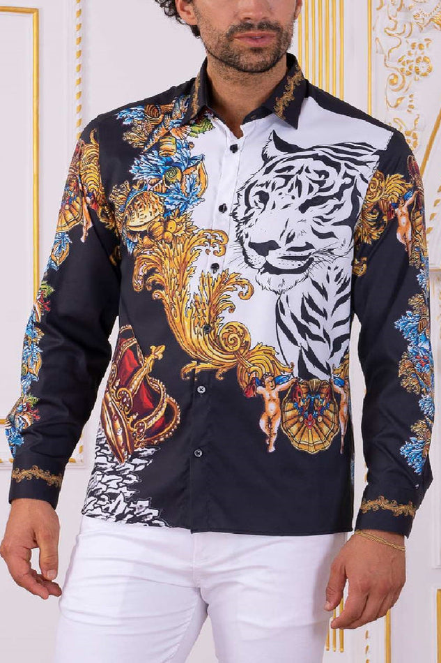 Chic Black Tiger King Baroque Print Shirt