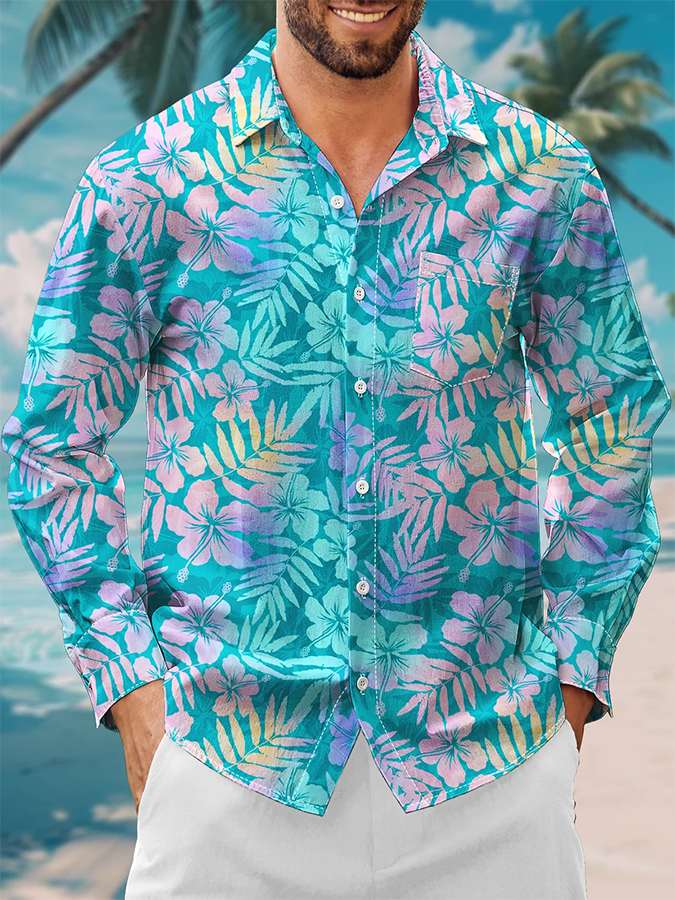 Resort Tropical Floral Print Hawaiian Long Sleeve Shirt