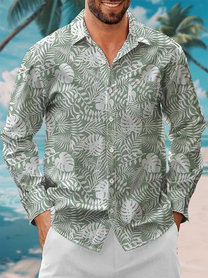 Vacation Tropical Floral Print Hawaiian Long Sleeve Shirt