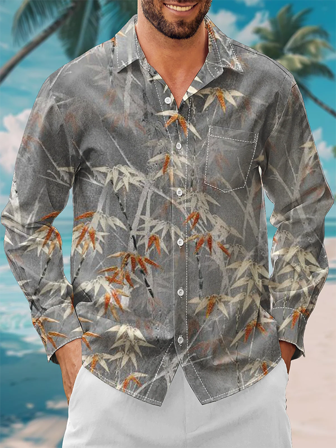 Vacation Bamboo Leaf Print Hawaiian Long Sleeve Shirt