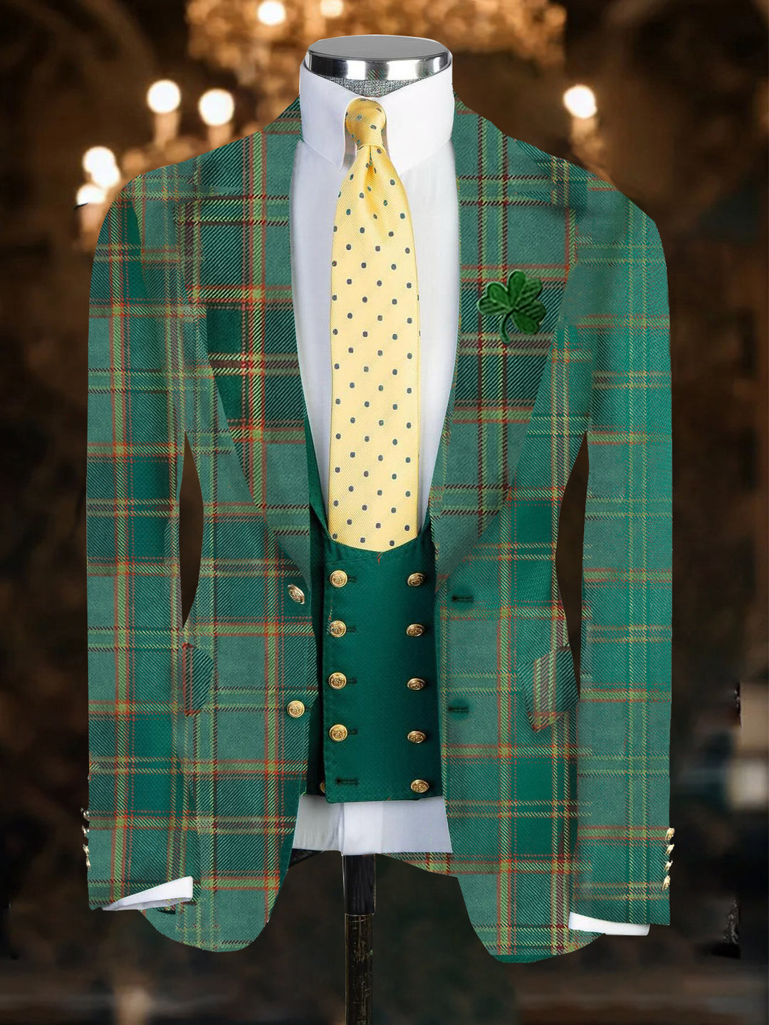 St. Patrick's Day Trefoil Plaid Print Blazer