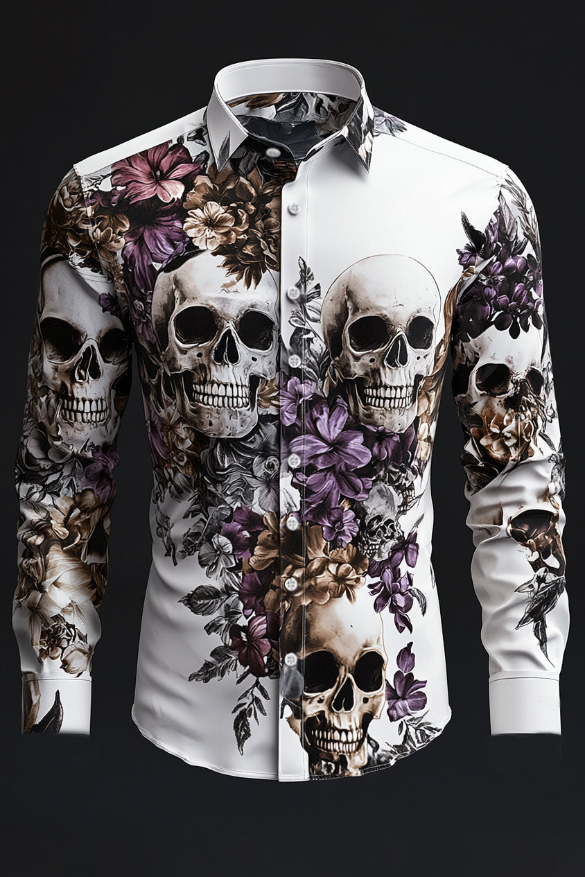 Valentine's Day Skull And Flower Print Long Sleeve Shirt