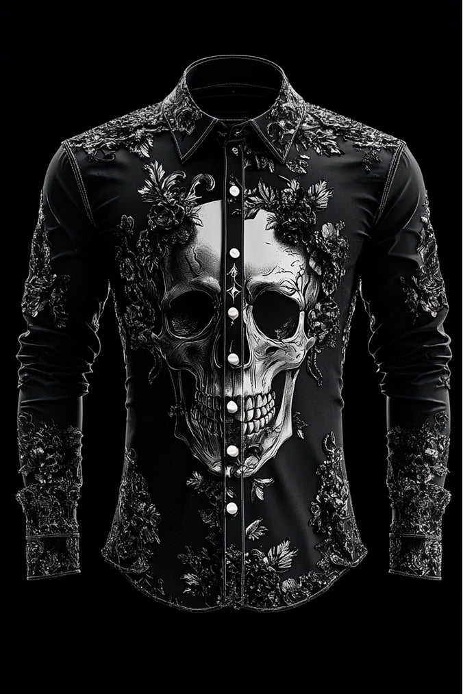 Valentine's Day Skull And Flower Embossed Print Long Sleeve Shirt