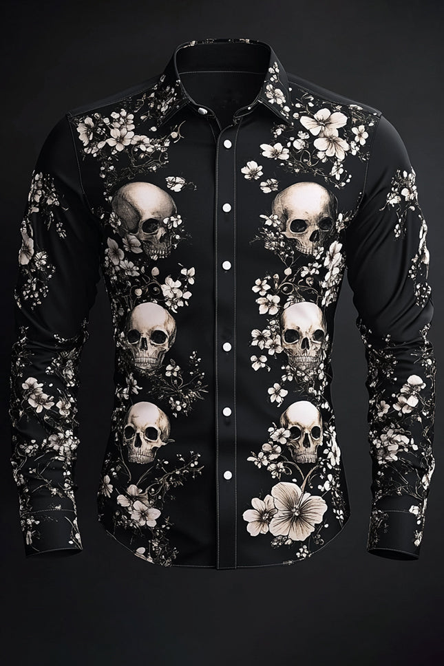 Valentine's Day Skull And Flower Print Long Sleeve Shirt