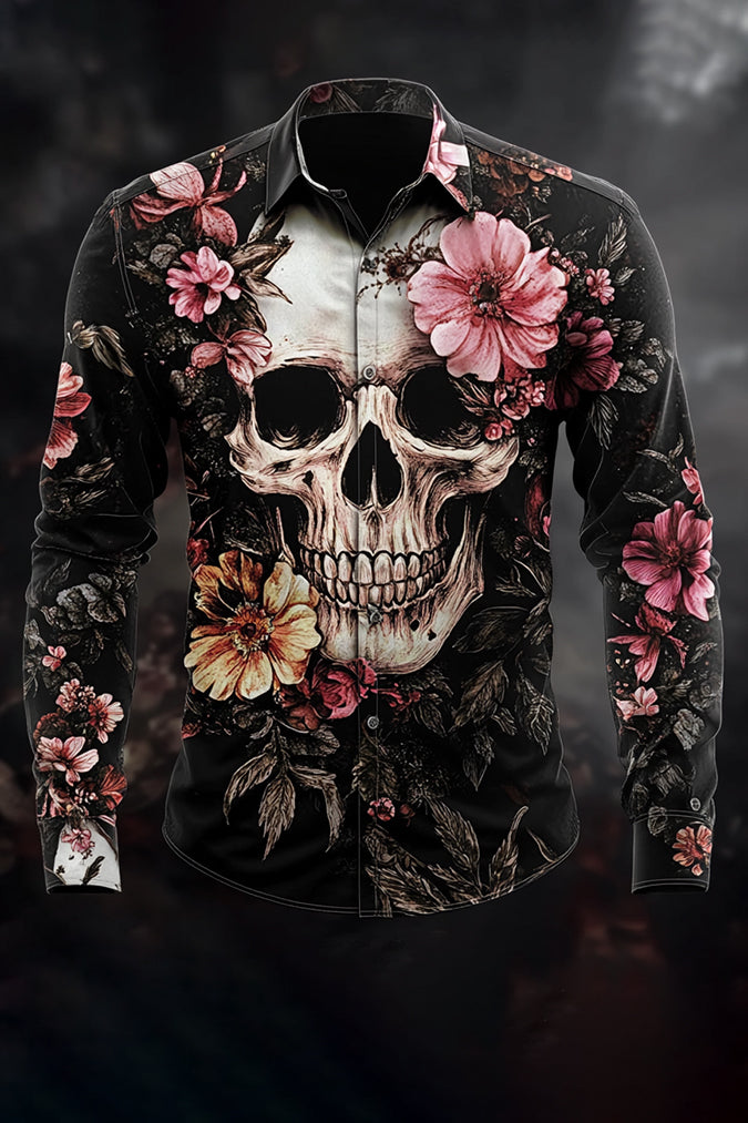 Valentine's Day Skull And Flower Print Long Sleeve Shirt