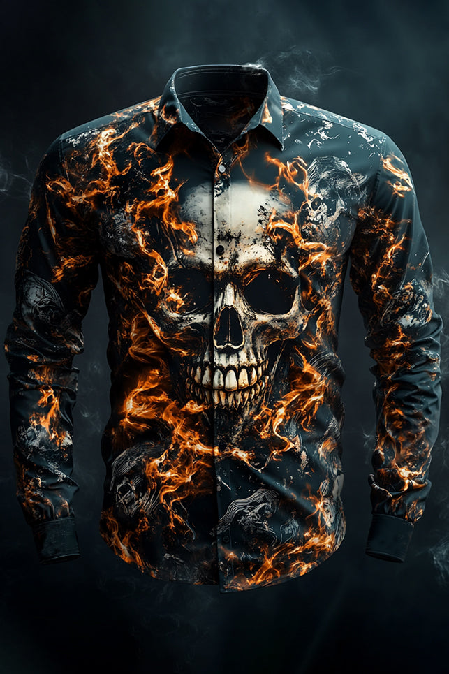 Valentine's Day Skull And Flame Print Long Sleeve Shirt