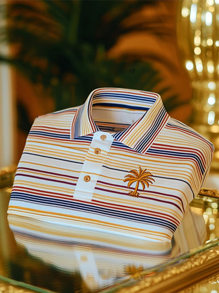 Business Striped & Tree Print Polo Shirt