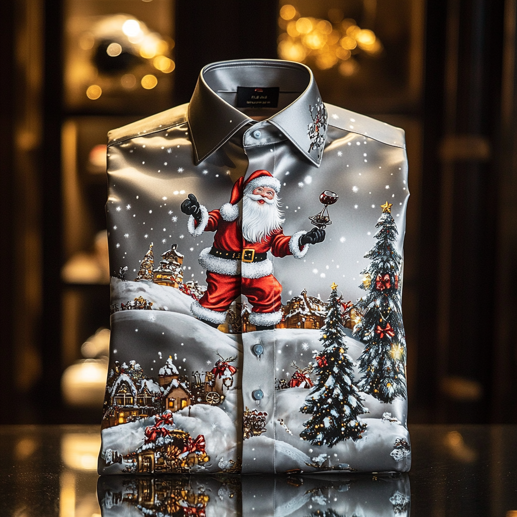 Christmas Premium Craftsman Collection Beautifully Patterned Men's Luxury Silk Long Sleeve Shirt