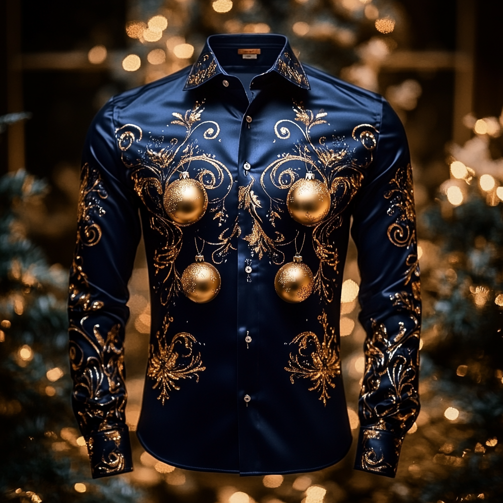 Christmas Premium Craftsman Collection Beautifully Patterned Men's Luxury Silk Long Sleeve Shirt