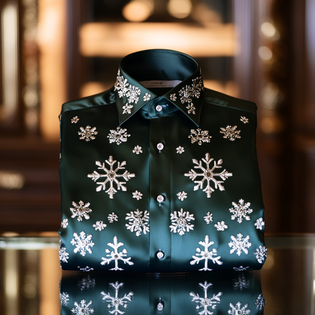 Christmas Premium Craftsman Collection Beautifully Patterned Men's Luxury Silk Long Sleeve Shirt