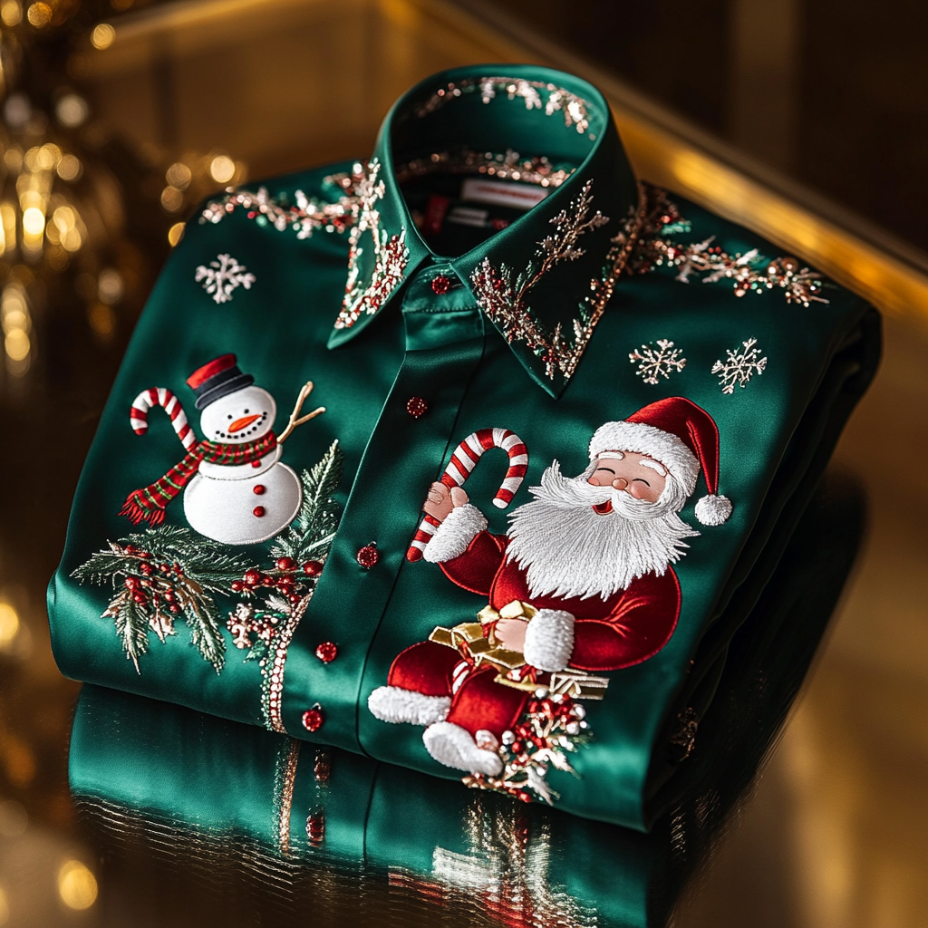 Christmas Premium Craftsman Collection Beautifully Patterned Men's Luxury Silk Long Sleeve Shirt