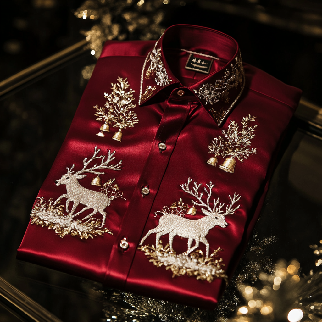 Christmas Premium Craftsman Collection Beautifully Patterned Men's Luxury Silk Long Sleeve Shirt