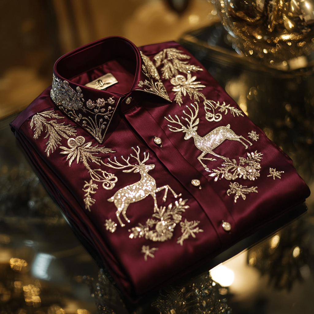 Christmas Premium Craftsman Collection Beautifully Patterned Men's Luxury Silk Long Sleeve Shirt