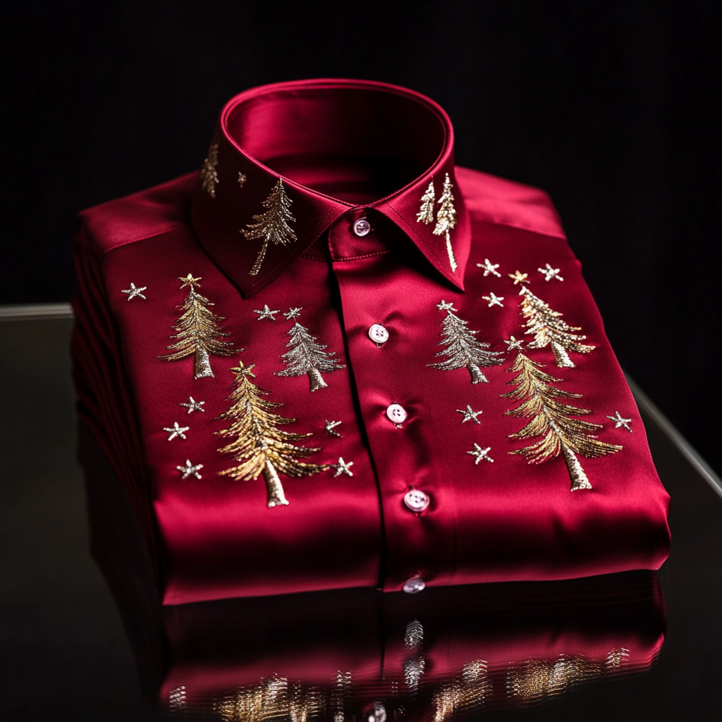 Christmas Premium Craftsman Collection Beautifully Patterned Men's Luxury Silk Long Sleeve Shirt